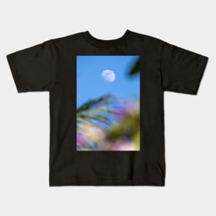 Day Moon with Palm Trees in Foreground Kids T-Shirt